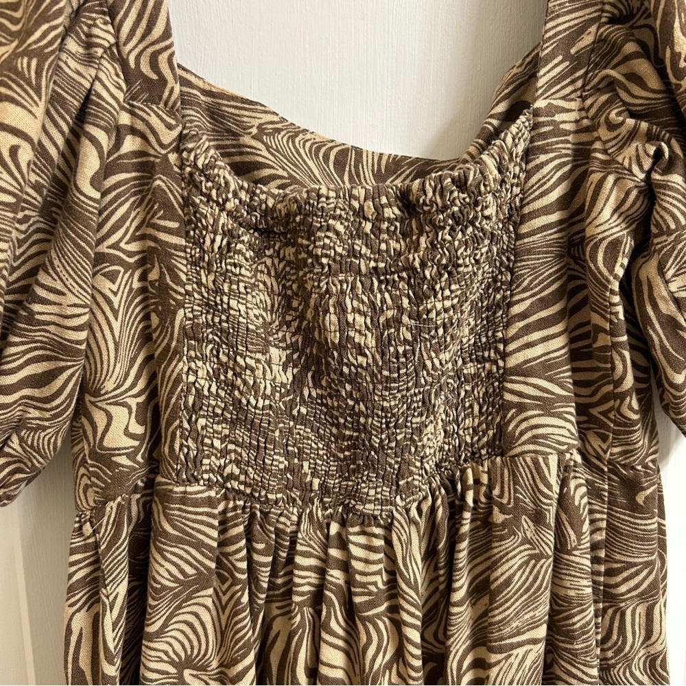 House of Harlow 1960 Linen Puff Sleeve Tiered Smocked Brown Mini Dress Size XS - Picture 3 of 8